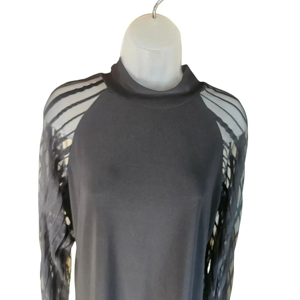 Joseph Ribkoff Black Striped Sheer sleeved Top Sz 14 US Solid cuffs - Picture 6 of 8